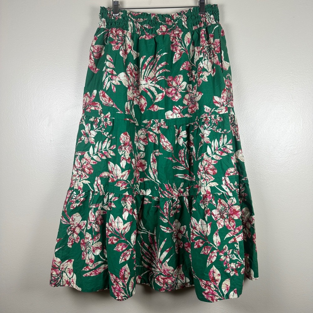 Anthropologie Women's L Maxi Skirt Green Tropical Floral Tiered Cotton Vacation - Picture 2 of 8